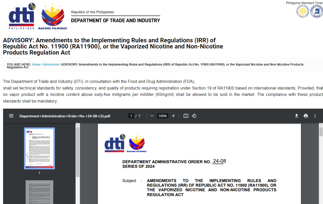 Philippines Revises E-Cigarette Regulations: Nicotine Content Must Not Exceed 65 mg/ml.